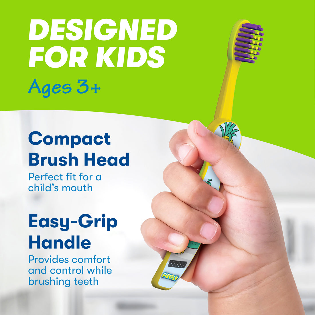 Child holding Firefly Sloths Circle Soft Toothbrush, Designed for kids ages 3+, compact brush head perfect fit for a child&