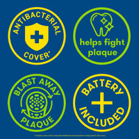 Icons: Antibacterial cover, helps fights cavities, Blast away plaque, Battery included